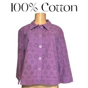 NWT $89 Allison Daley Petites Lilac Eyelet Cotton Button Lightweight Jacket